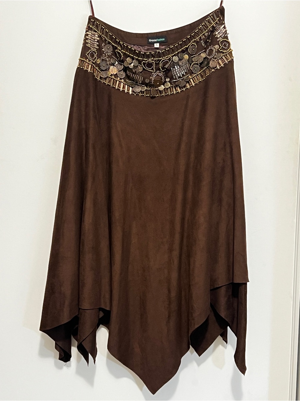 Vintage Y2K Gracia Fashion Faux Suede Handkerchief Hem Beaded Coin Skirt L
